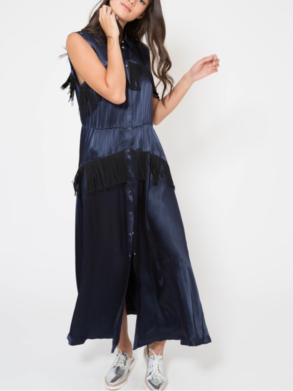 GANNI donnelly navy fringed satin western tiered midi dress sz 36/US SZ S